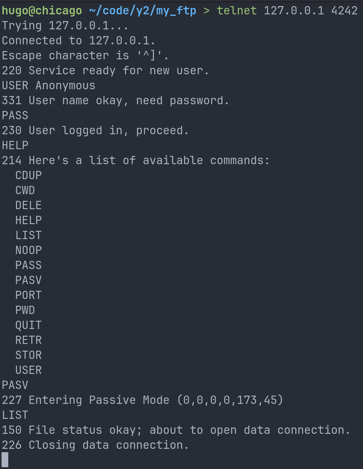 Image of a terminal containing an example of my_ftp
